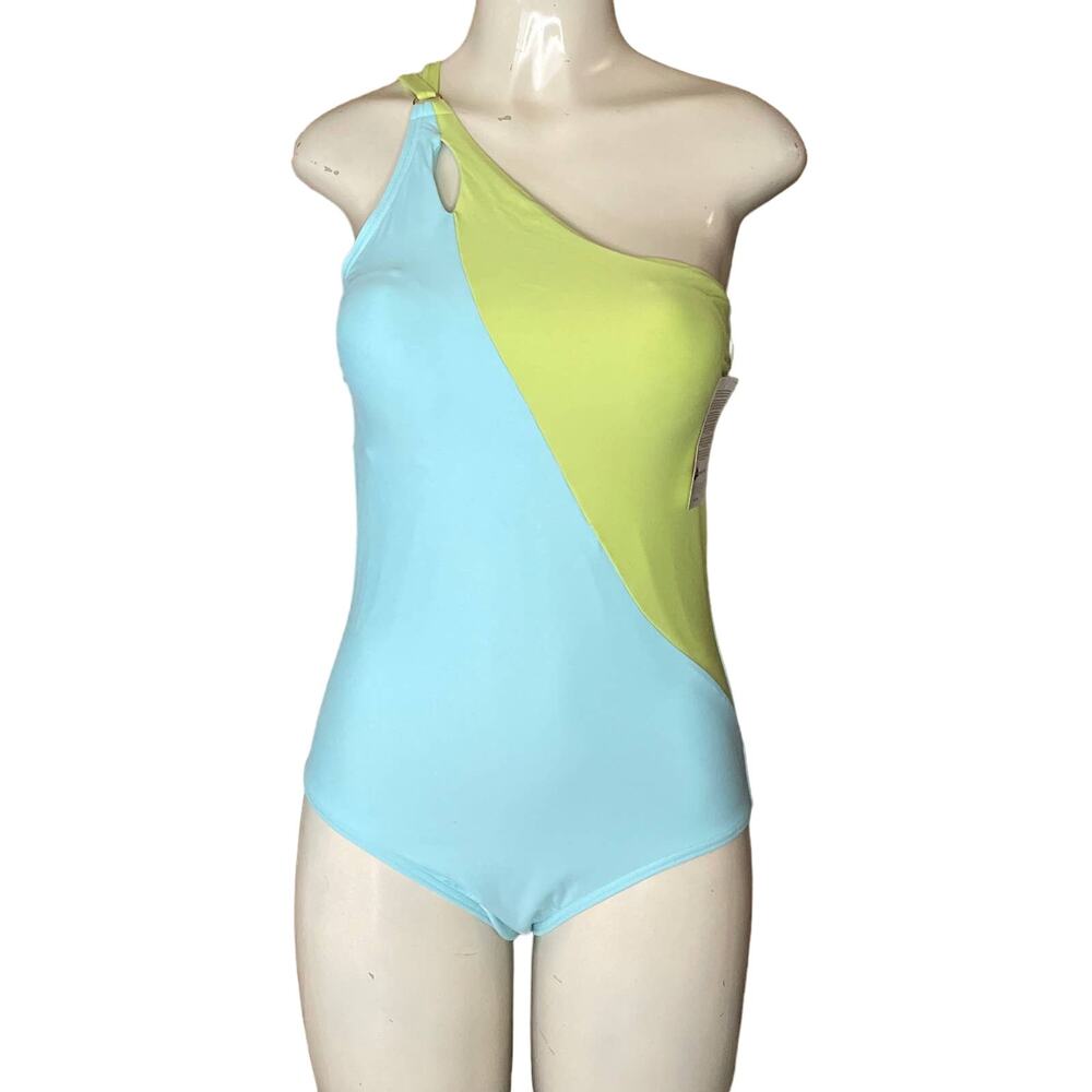 Lands' End Tummy Control One Shoulder One Piece Swimsuit Green Blue Size 12 NWT